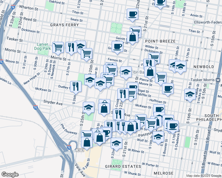 map of restaurants, bars, coffee shops, grocery stores, and more near 1910 South Bonsall Street in Philadelphia