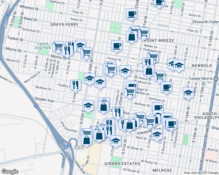 map of restaurants, bars, coffee shops, grocery stores, and more near 1910 South Bonsall Street in Philadelphia