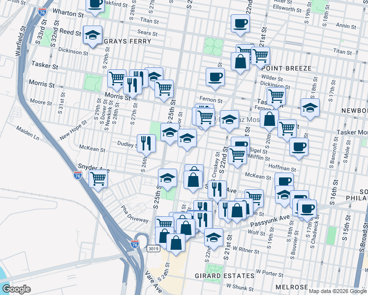 map of restaurants, bars, coffee shops, grocery stores, and more near 1916 South 24th Street in Philadelphia