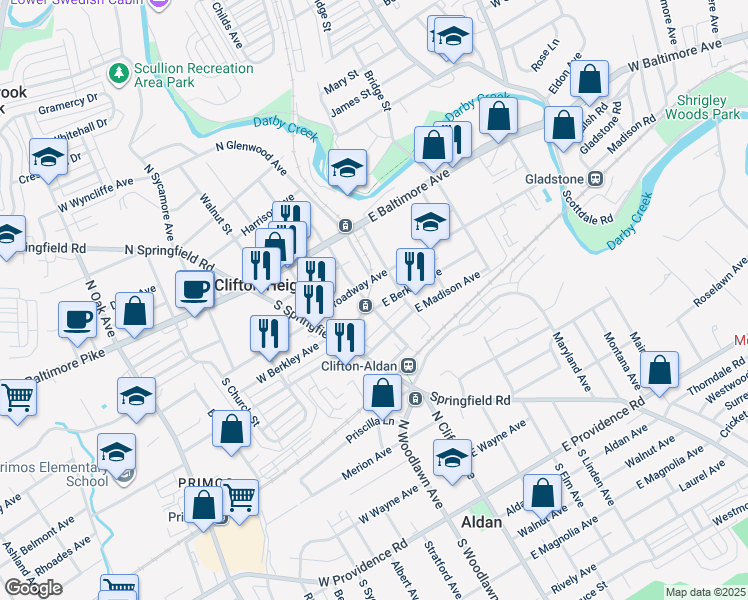 map of restaurants, bars, coffee shops, grocery stores, and more near 118 East Berkley Avenue in Clifton Heights