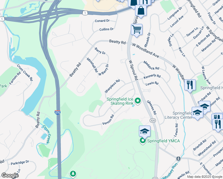 map of restaurants, bars, coffee shops, grocery stores, and more near 534 Sharpless Road in Springfield