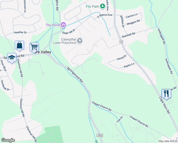 map of restaurants, bars, coffee shops, grocery stores, and more near 2855 Springwood Road in Red Lion