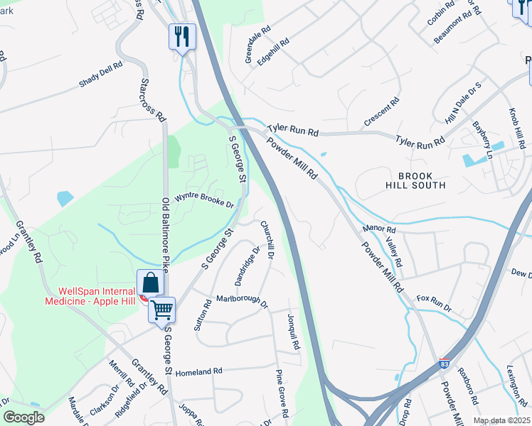 map of restaurants, bars, coffee shops, grocery stores, and more near 24 Churchill Drive in York