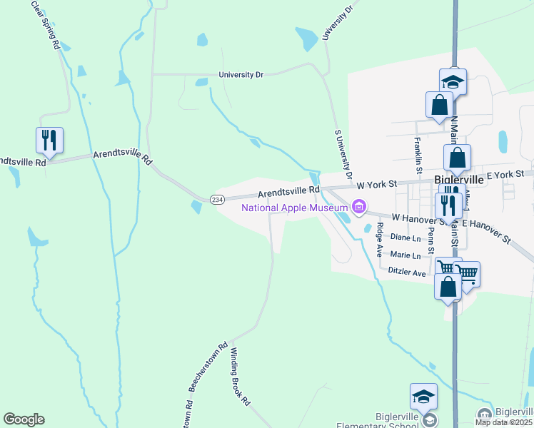 map of restaurants, bars, coffee shops, grocery stores, and more near 45 Beecherstown Road in Biglerville