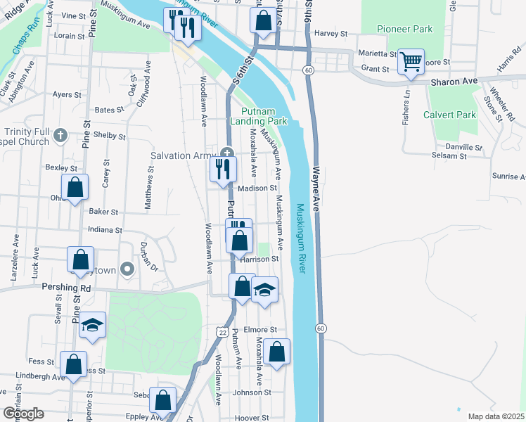 map of restaurants, bars, coffee shops, grocery stores, and more near 640 Moxahala Avenue in Zanesville