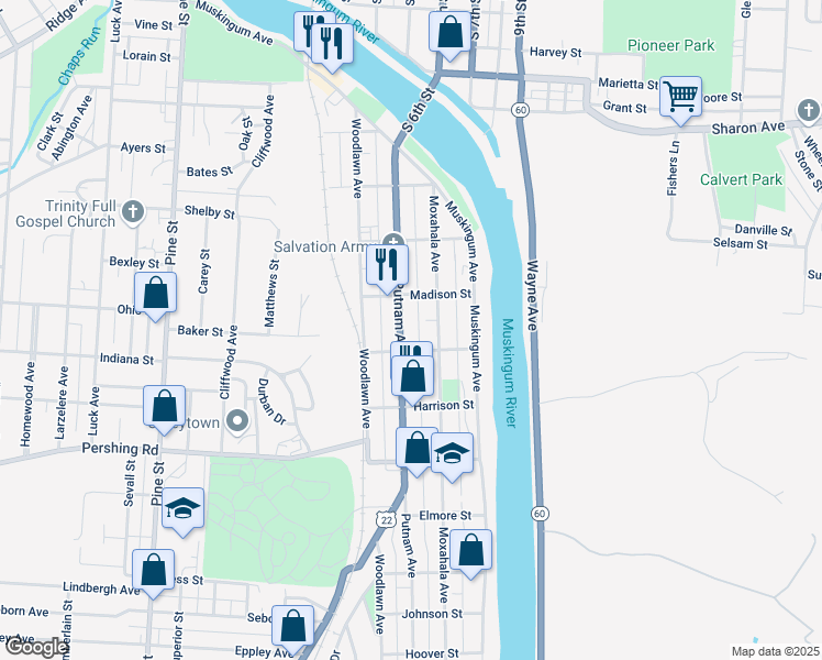 map of restaurants, bars, coffee shops, grocery stores, and more near 123 Van Buren Street in Zanesville