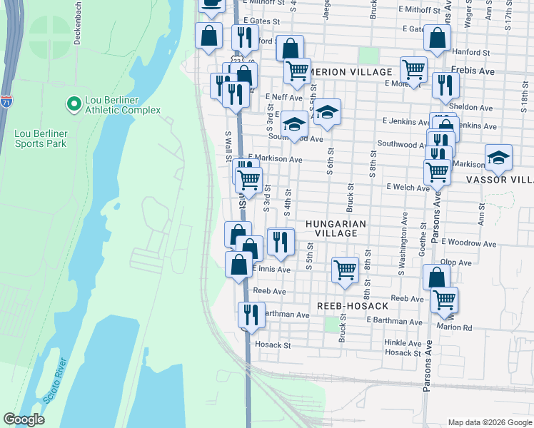 map of restaurants, bars, coffee shops, grocery stores, and more near 1649-1651 South 3rd Street in Columbus