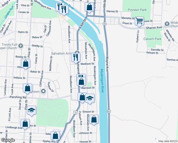 map of restaurants, bars, coffee shops, grocery stores, and more near 640 Moxahala Avenue in Zanesville