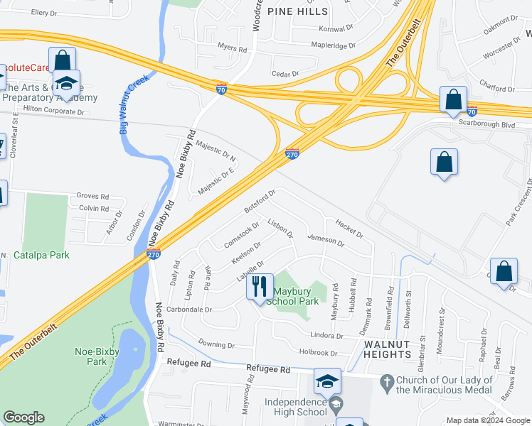 map of restaurants, bars, coffee shops, grocery stores, and more near 2400 Lisbon Drive in Columbus