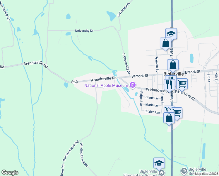 map of restaurants, bars, coffee shops, grocery stores, and more near 30 Clearview Lane in Biglerville