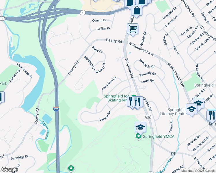 map of restaurants, bars, coffee shops, grocery stores, and more near 534 Sharpless Road in Springfield