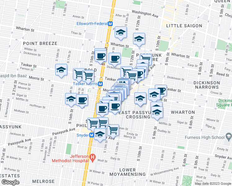 map of restaurants, bars, coffee shops, grocery stores, and more near 1703 South 13th Street in Philadelphia