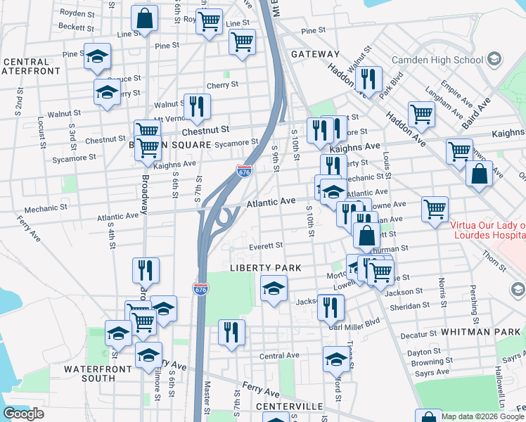 map of restaurants, bars, coffee shops, grocery stores, and more near 1444 South 8th Street in Camden