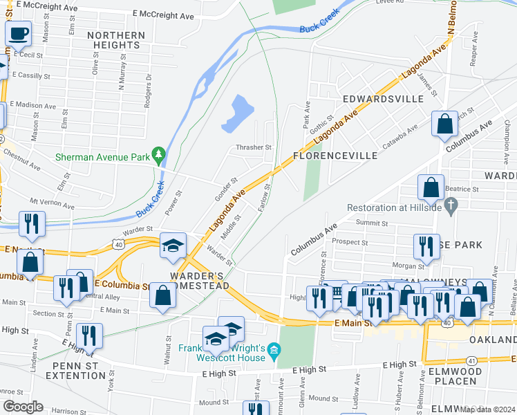 map of restaurants, bars, coffee shops, grocery stores, and more near 1042 Sherman Avenue in Springfield