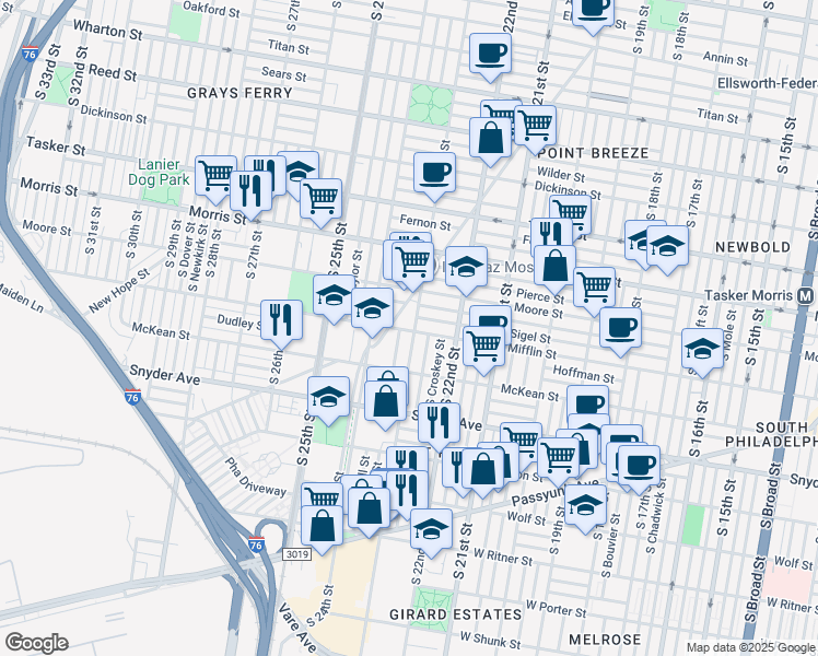 map of restaurants, bars, coffee shops, grocery stores, and more near 1910 South Bonsall Street in Philadelphia