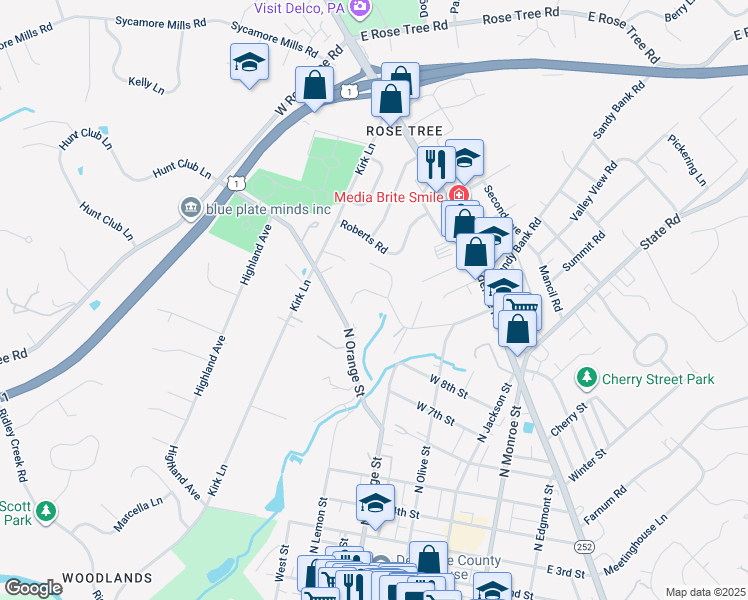 map of restaurants, bars, coffee shops, grocery stores, and more near 112 West Ridge Road in Media