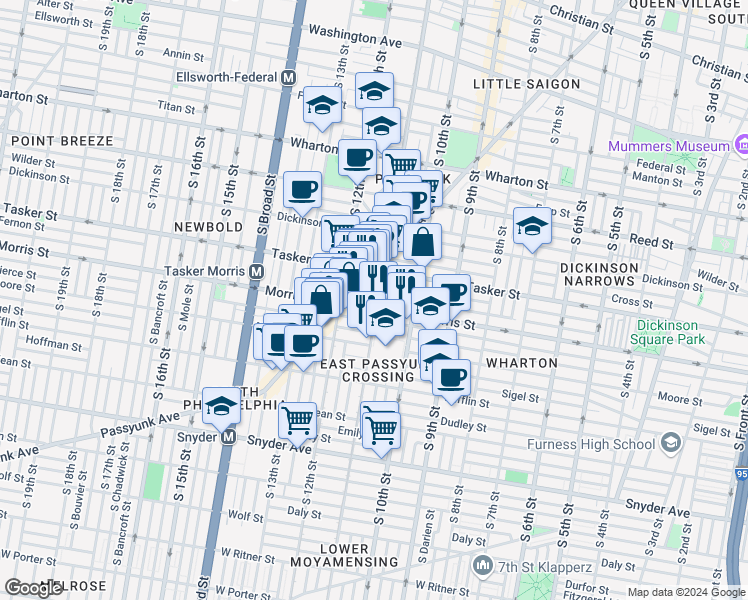 map of restaurants, bars, coffee shops, grocery stores, and more near 1640 South 11th Street in Philadelphia