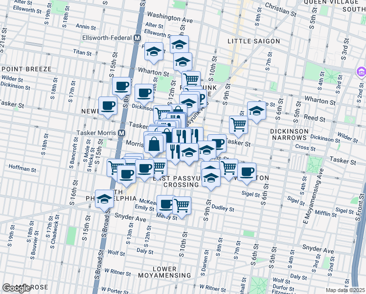 map of restaurants, bars, coffee shops, grocery stores, and more near 1629 South 11th Street in Philadelphia