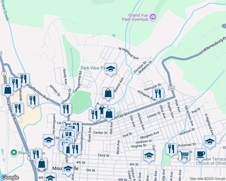 map of restaurants, bars, coffee shops, grocery stores, and more near 6 Walnut Ave in Moundsville
