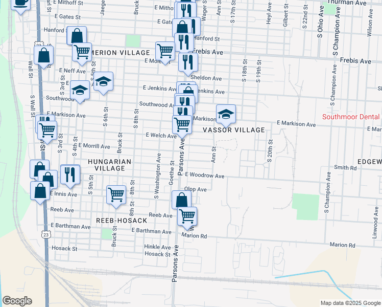 map of restaurants, bars, coffee shops, grocery stores, and more near 456 East Hinman Avenue in Columbus
