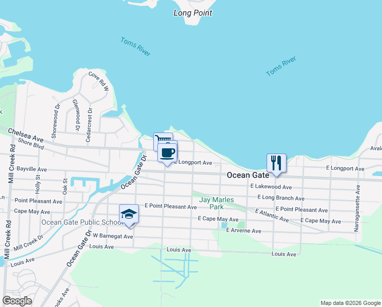 map of restaurants, bars, coffee shops, grocery stores, and more near 37 East Longport Avenue in Ocean Gate