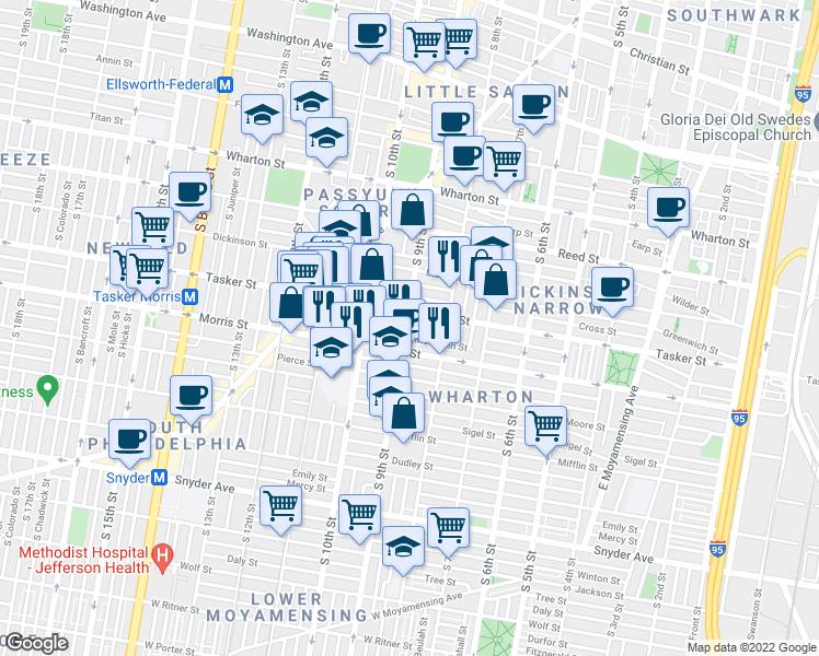 map of restaurants, bars, coffee shops, grocery stores, and more near 1613 South 9th Street in Philadelphia