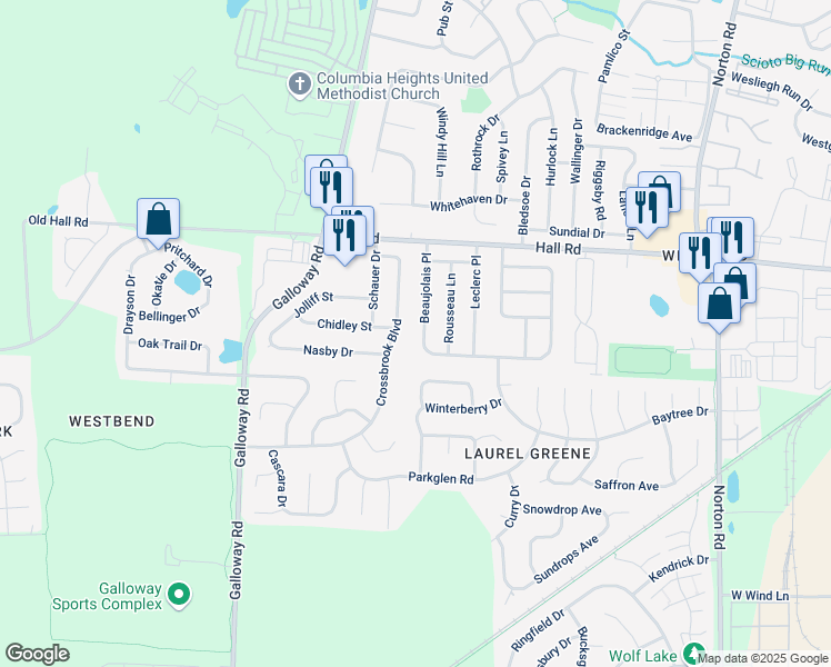 map of restaurants, bars, coffee shops, grocery stores, and more near 1107 Beaujolais Place in Galloway
