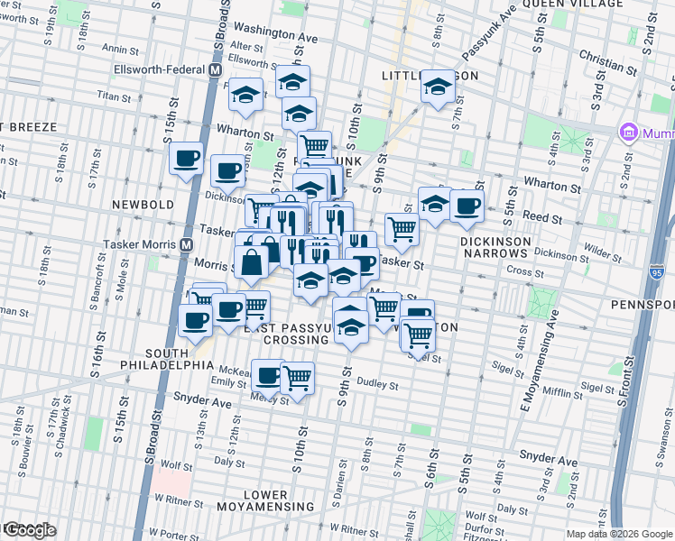 map of restaurants, bars, coffee shops, grocery stores, and more near 1640 South 10th Street in Philadelphia