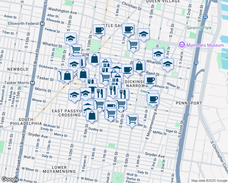 map of restaurants, bars, coffee shops, grocery stores, and more near 1602 South 7th Street in Philadelphia