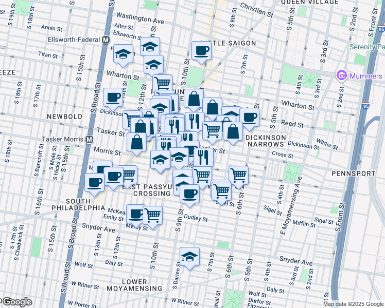 map of restaurants, bars, coffee shops, grocery stores, and more near 1613 South 9th Street in Philadelphia