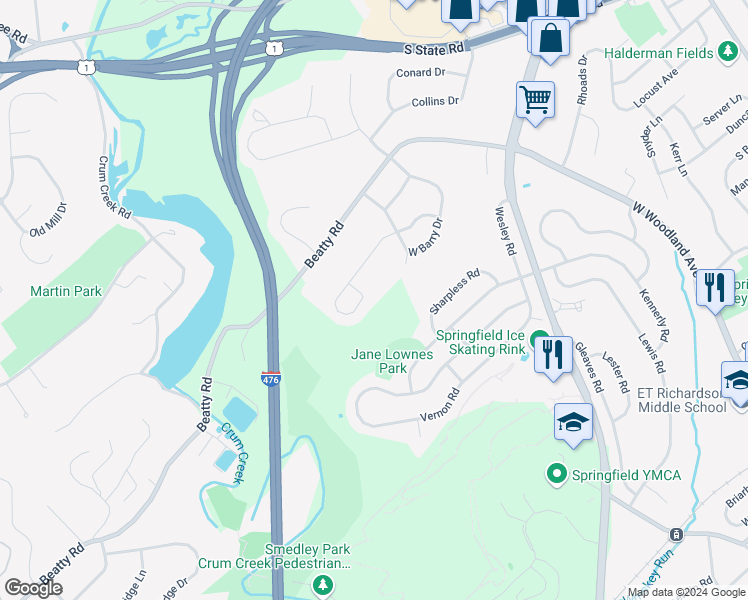 map of restaurants, bars, coffee shops, grocery stores, and more near 694 Old School House Drive in Springfield