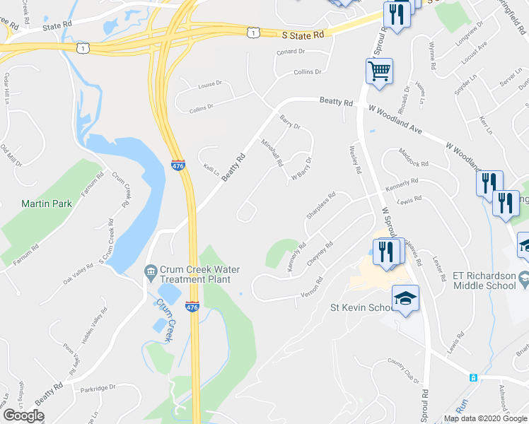 map of restaurants, bars, coffee shops, grocery stores, and more near 694 Old School House Drive in Springfield