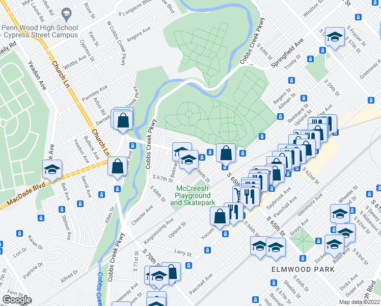 map of restaurants, bars, coffee shops, grocery stores, and more near 6031 Trinity Street in Philadelphia