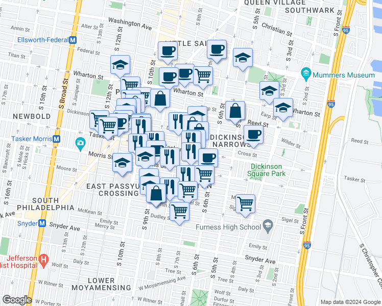 map of restaurants, bars, coffee shops, grocery stores, and more near 708 Tasker Street in Philadelphia