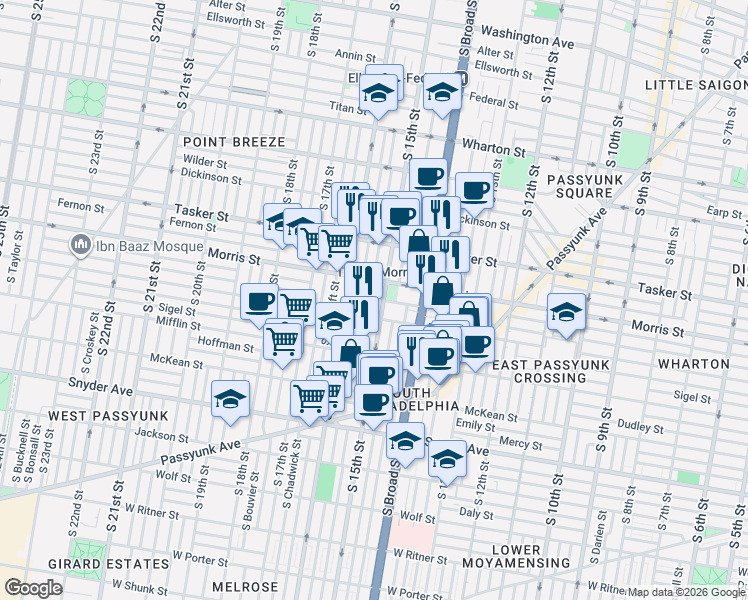 map of restaurants, bars, coffee shops, grocery stores, and more near 1751 South Hicks Street in Philadelphia