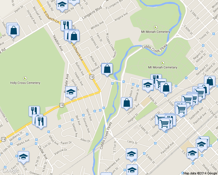 map of restaurants, bars, coffee shops, grocery stores, and more near 1006 West Cobbs Creek Parkway in Yeadon