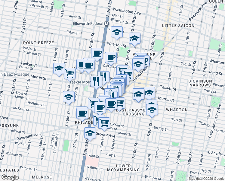 map of restaurants, bars, coffee shops, grocery stores, and more near 1719 South 13th Street in Philadelphia