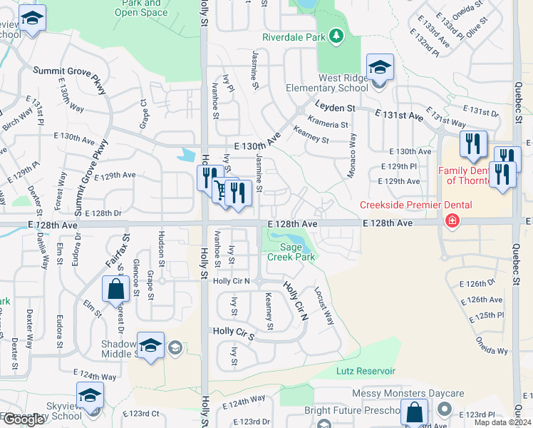 map of restaurants, bars, coffee shops, grocery stores, and more near 12808 East 128th Avenue in Thornton