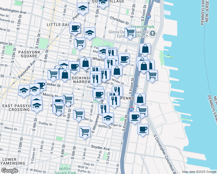 map of restaurants, bars, coffee shops, grocery stores, and more near 240 Greenwich Street in Philadelphia