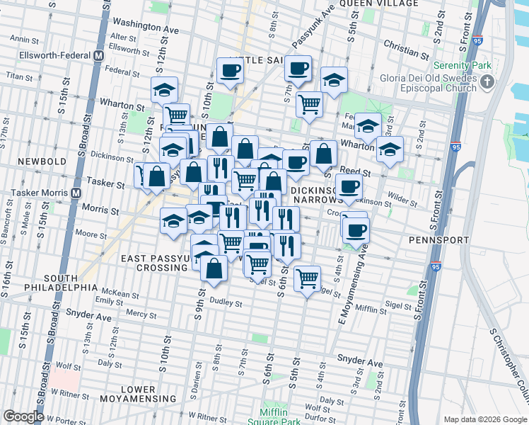map of restaurants, bars, coffee shops, grocery stores, and more near in Philadelphia