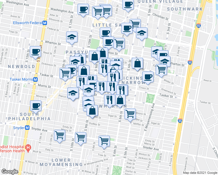map of restaurants, bars, coffee shops, grocery stores, and more near 1619 South Beulah Street in Philadelphia