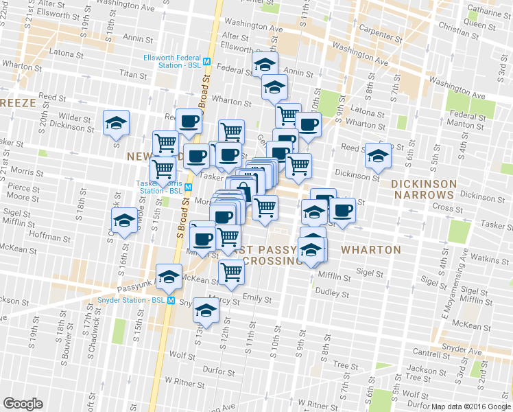 map of restaurants, bars, coffee shops, grocery stores, and more near in Philadelphia