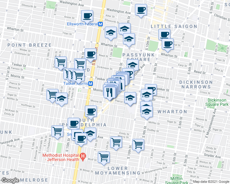 map of restaurants, bars, coffee shops, grocery stores, and more near 1737 East Passyunk Avenue in Philadelphia