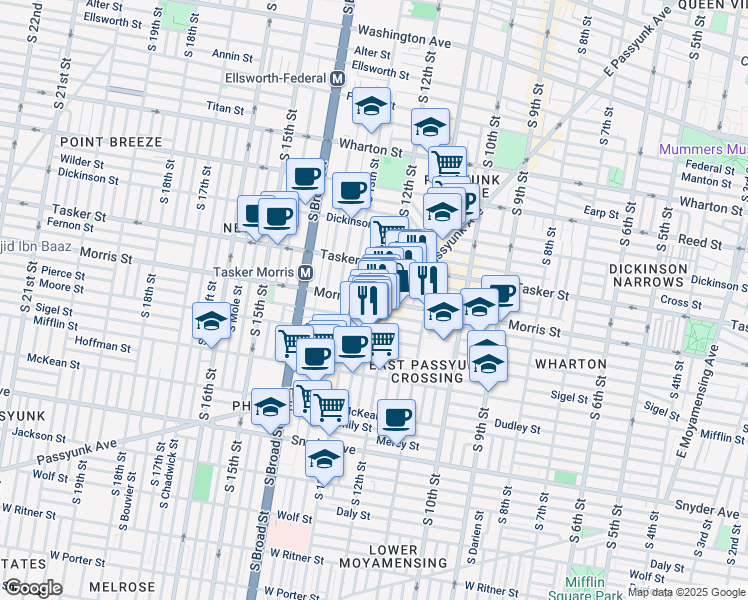 map of restaurants, bars, coffee shops, grocery stores, and more near 1737 East Passyunk Avenue in Philadelphia