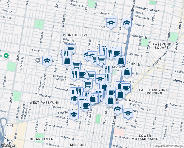 map of restaurants, bars, coffee shops, grocery stores, and more near 1804 South 17th Street in Philadelphia