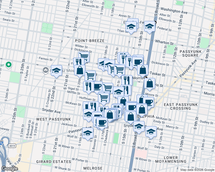 map of restaurants, bars, coffee shops, grocery stores, and more near 1804 South 17th Street in Philadelphia