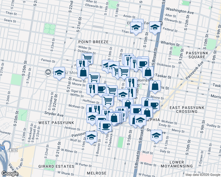 map of restaurants, bars, coffee shops, grocery stores, and more near 1804 South 17th Street in Philadelphia
