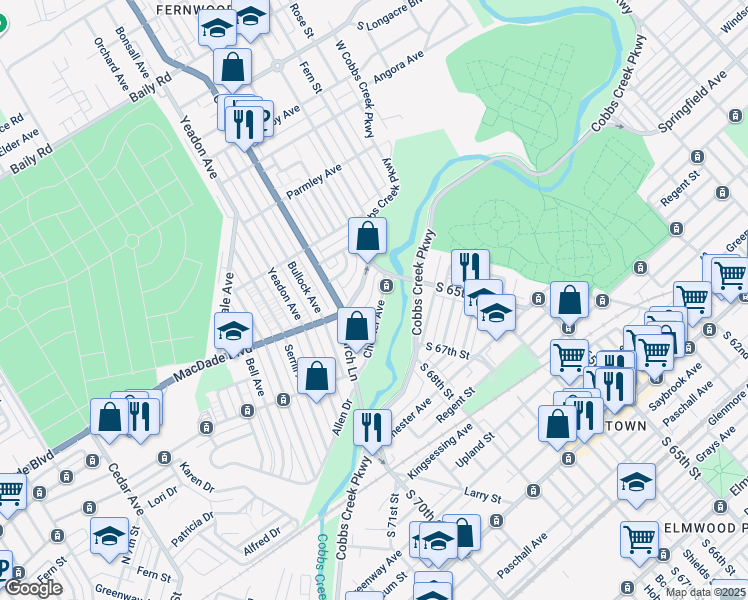 map of restaurants, bars, coffee shops, grocery stores, and more near 1006 West Cobbs Creek Parkway in Yeadon