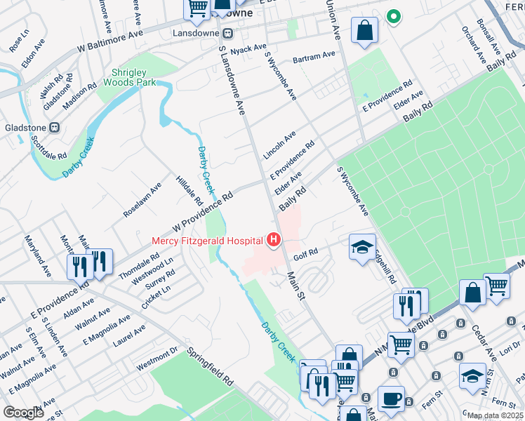 map of restaurants, bars, coffee shops, grocery stores, and more near 556 South Lansdowne Avenue in Yeadon