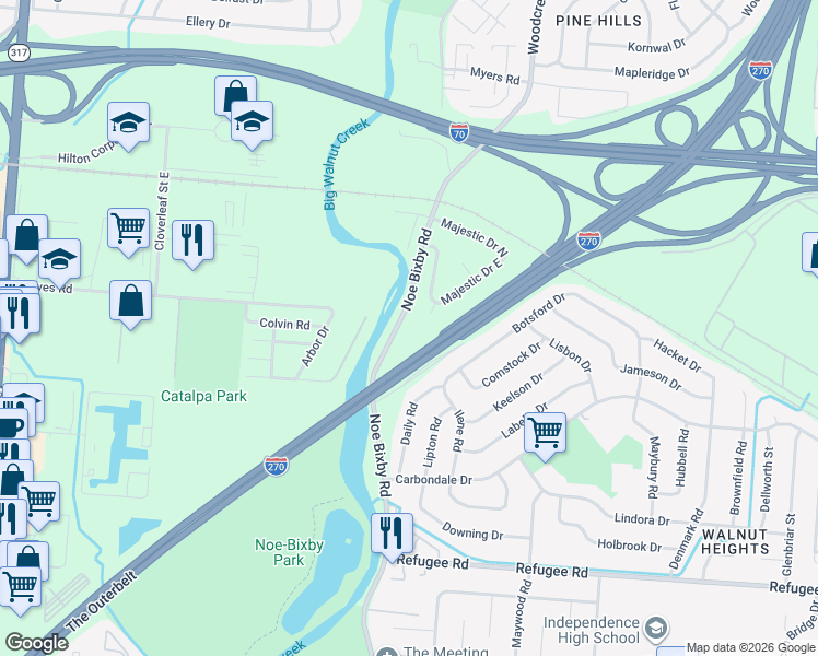 map of restaurants, bars, coffee shops, grocery stores, and more near 2342 Noe Bixby Road in Columbus